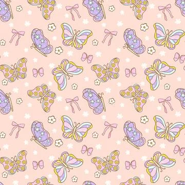 Cute Retro Pastel Spring Butterfly Flowers Seamless Pattern isolated on bac.. Stock Illustration