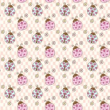 Cute Retro Pastel Spring Ladybug Flowers Seamless Pattern isolated on backg.. Stock Illustration