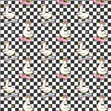 Cute Retro Silly Goose on the loose Seamless Pattern Playful Goose ride skateboa Stock Illustration
