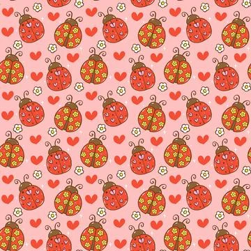 Cute Retro Spring Ladybug Flowers Seamless Pattern isolated on background Stock Illustration