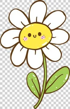 Cute Retro Spring Smiley Face Flower with Stem Doodle Hand Drawn Stock Illustration