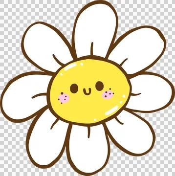 Cute Retro Spring White Daisy Flower with Smile Face Doodle Hand Drawn Stock Illustration