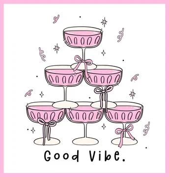 Cute Retro Wine Glasses Stack Hand Drawn Coquette Celebration Doodle in Pink Stock Illustration