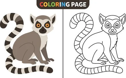 Cute Ring-Tailed Lemur Coloring Page for Kids. Stock Illustration