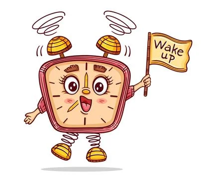 Cute ringing alarm clock character, watch timer sound, morning wake up time icon Stockillustratie