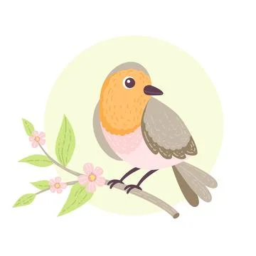 Cute robin bird sitting on a tree branch. Vector illustration in flat style Stock Illustration