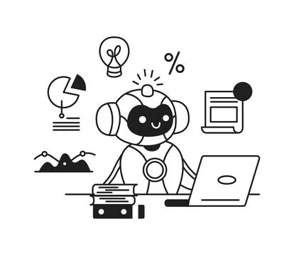 Cute Robot Analyzing Data with Laptop Stock Illustration