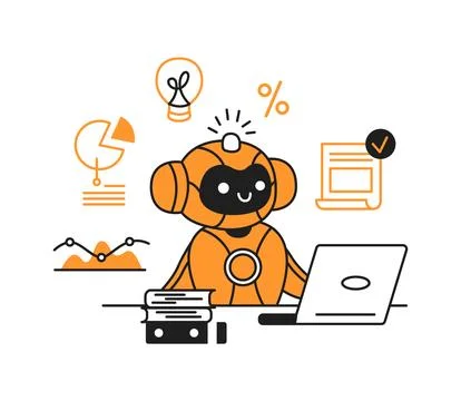 Cute Robot Analyzing Data on Laptop Stock Illustration