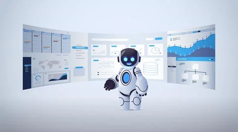 Cute robot analyzing statistics financial data on virtual boards artificial Stock Illustration