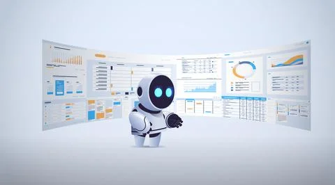 Cute robot analyzing statistics financial data on virtual boards artificial Stockillustratie