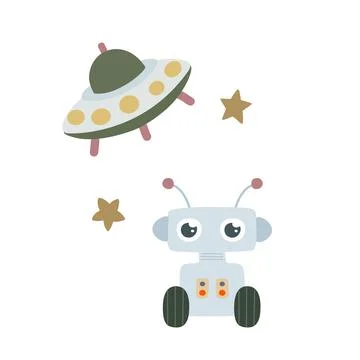 Cute robot and spaceship exploring galaxy with stars Stock Illustration