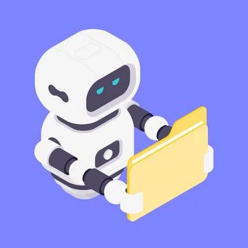Cute robot assistant holding yellow folder for data management and organizati Stock Illustration