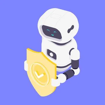 Cute robot assistant holding yellow shield with check mark symbol for securit Stock Illustration