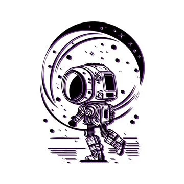 Cute Robot Astronaut Walking on Moon Surface. Concept of space exploration .. Stock Illustration