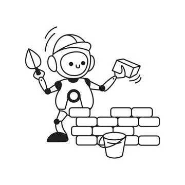 Cute Robot Builder with Brick and Trowel Illustration Stock Illustration