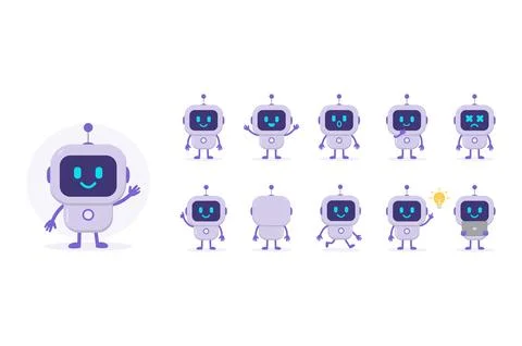 Cute robot character collection showing different emotions and actions Illustrazione stock