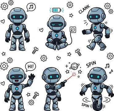 Cute Robot Character Set with Various Poses and Actions. Stock Illustration