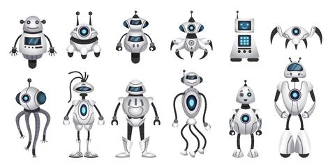 Cute robot characters. Digital science child stickers for game. Happy artific Illustrazione stock