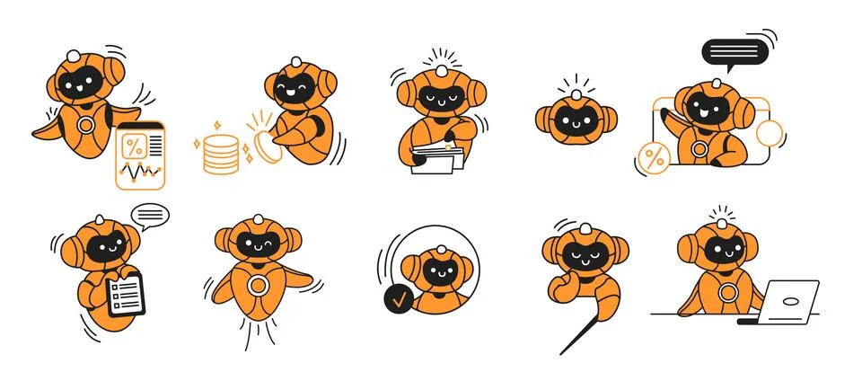 Cute Robot Characters Performing Various Tasks Stock Illustration