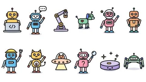 Cute robot characters at work, 12 shaded cartoon icons, isolated Stock Illustration