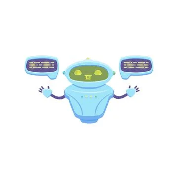 Cute robot communicates through speech bubbles, flat vector illustration Illustrazione stock