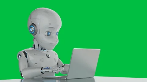Cute robot with computer notebook Stock Footage 150254047