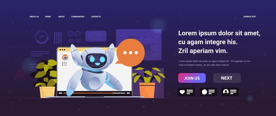 Cute robot cyborg with chat bubble on laptop screen modern robotic character 스톡 일러스트