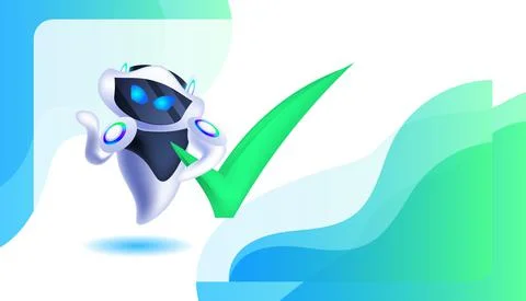 Cute robot cyborg with green checkmark modern robotic character artificial Stock Illustration