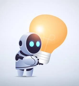 Cute robot cyborg holding light lamp new project creative idea artificial 스톡 일러스트