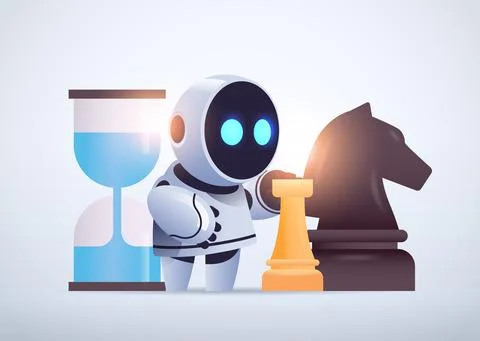 Cute robot cyborg playing chess strategy artificial intelligence technology 스톡 일러스트