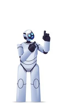 Cute robot cyborg pointing at something modern robotic character artificial 스톡 일러스트