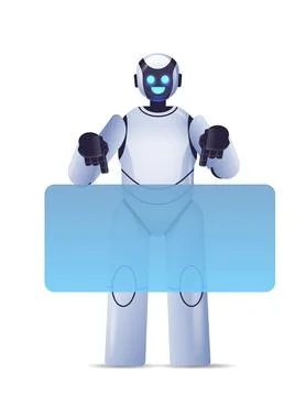 Cute robot cyborg pointing at virtual board modern robotic character artificial Stock Illustration