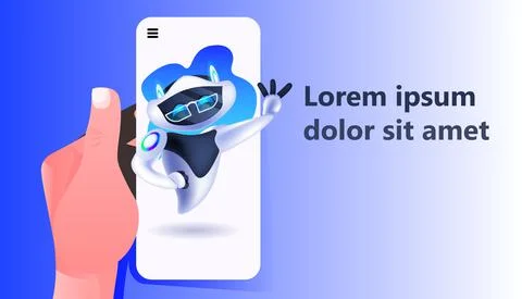 Cute robot cyborg on smartphone screen modern robotic character artificial 스톡 일러스트