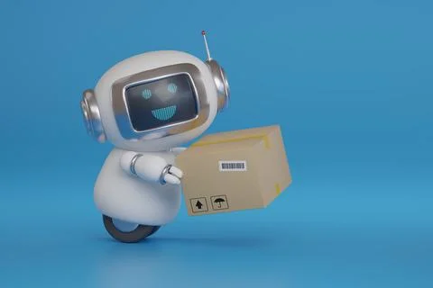 Cute robot delivering a box with copy space. 3d illustration. Stock Illustration