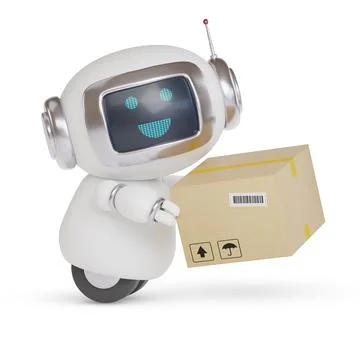 Cute robot delivering a box isolated on white background. 3d illustration. Stock Illustration