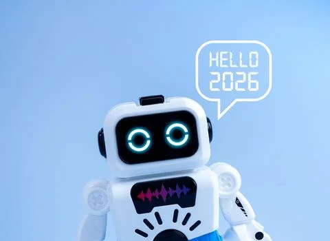 Cute robot with digital speech bubble saying hello 2026 on blue background... Stock Photos