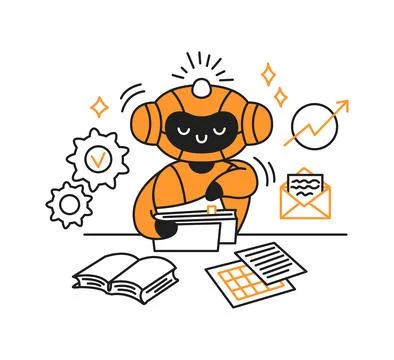 Cute Robot Engaging in Office Work with Papers and Books 스톡 일러스트