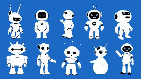 Cute robot, futuristic chatbot characters set, group of different smart chat Illustrazione stock