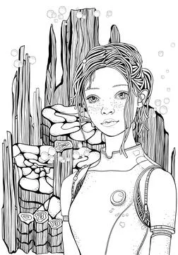 Cute Robot Girl. Zentangle background, American Canyons, Monument Valley. B.. Stock Illustration