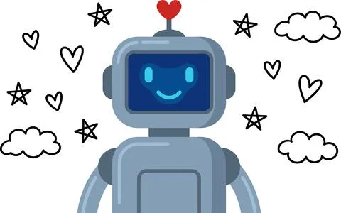 Cute Robot with Happy Face Surrounded by Hearts and Stars. Stock Illustration