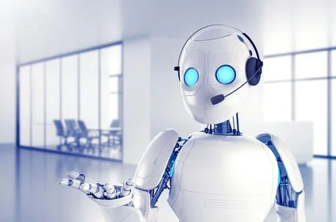 Cute robot with headset in a modern office representing AI customer service Stock Photos