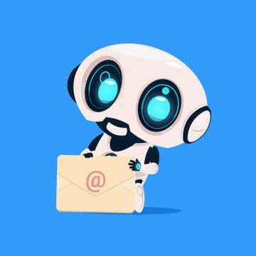 Cute Robot Hold Envelope Mail Notification Isolated Icon On Blue Background 스톡 일러스트