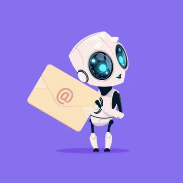 Cute Robot Hold Envelope Mail Notification Isolated Icon On Blue Background Stock Illustration