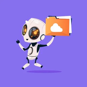 Cute Robot Hold Folder With Cloud Isolated Icon On Blue Background Modern Stockillustratie