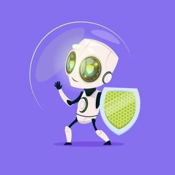 Cute Robot Hold Shield Data Protection Technology Isolated Icon On Blue Stock Illustration