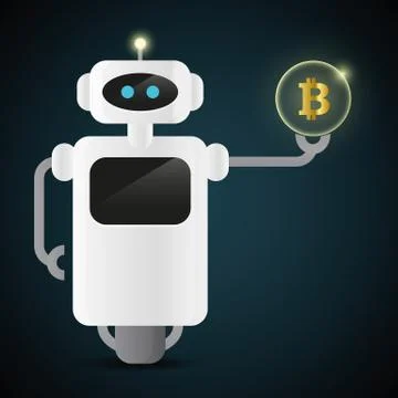 Cute robot holding a bitcoin in his hand 스톡 일러스트