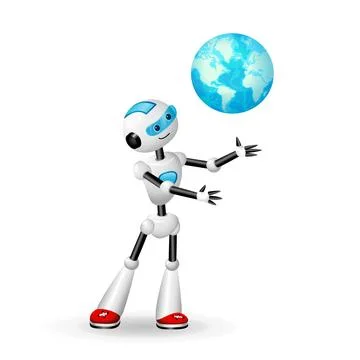 Cute Robot holding Earth Globe in its hands. Vector illustration isolated o.. Illustrazione stock