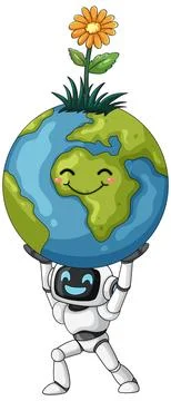 Cute Robot Holding Smiling Earth With Flower Stock Illustration