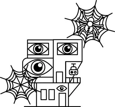 Cute robot with large eyes and cobwebs Stock Illustration