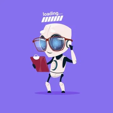 Cute Robot Loading Wear Glasses Isolated Icon On Blue Background Modern Stock Illustration
